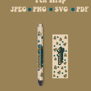 May include: A pen and pen wrap with a retro design. The pen and wrap are beige with teal and gold accents. The word "Jaguars" is written on the pen in teal and gold. The pen wrap has the word "Jaguars" and jaguar eye graphics.