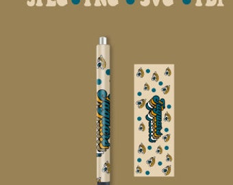 May include: A pen and pen wrap with a retro design. The pen and wrap are beige with teal and gold accents. The word "Jaguars" is written on the pen in teal and gold. The pen wrap has the word "Jaguars" and jaguar eye graphics.