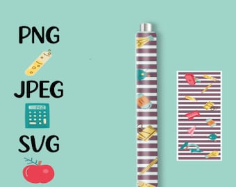 May include: A pen wrap with a school theme, featuring a design of white and burgundy stripes, and school-related icons. The image also includes the words "SCHOOL THEME PEN WRAP", and file type options: PNG, JPEG, SVG, and PDF.