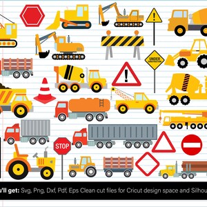 May include: A set of 20 construction vehicle and road sign clip art images. The images are in a cartoon style and feature a variety of vehicles, including dump trucks, cement mixers, excavators, and cranes. The road signs include stop signs, yield signs, and warning signs.