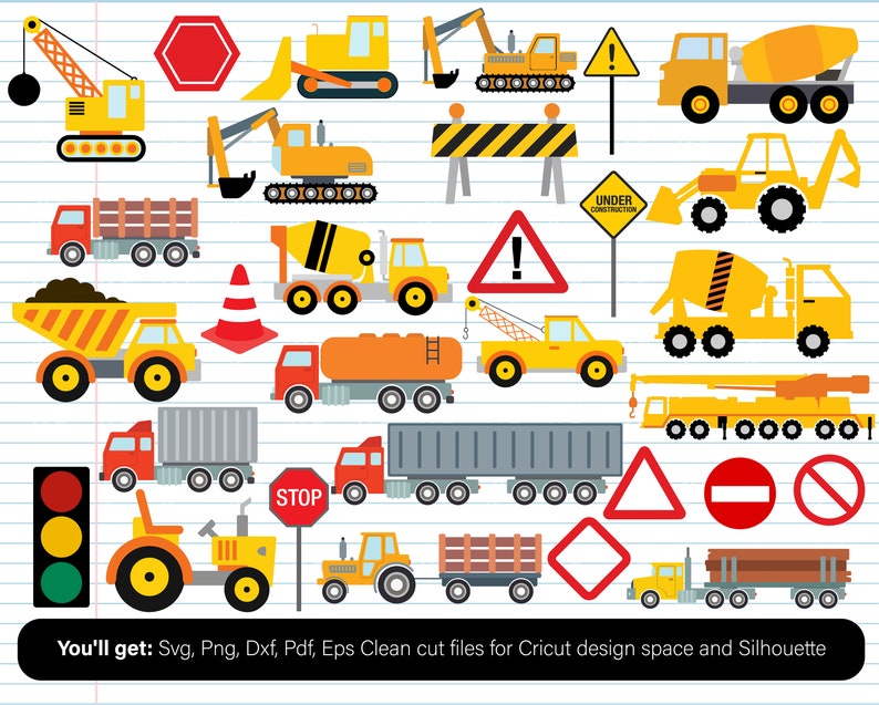 May include: A set of 20 construction vehicle and road sign clip art images. The images are in a cartoon style and feature a variety of vehicles, including dump trucks, cement mixers, excavators, and cranes. The road signs include stop signs, yield signs, and warning signs.
