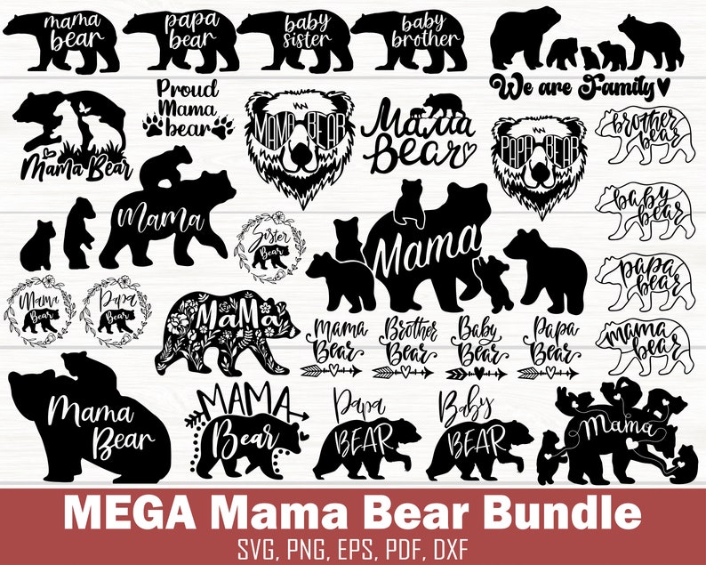 Puede incluir: Colecci&oacute;n de dise&ntilde;os de osos negros, incluyendo siluetas de osos con textos como "Mama Bear", "Papa Bear" y "Baby Sister". Adecuado para diversos proyectos de manualidades.