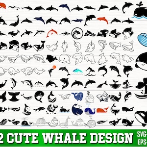 May include: A collection of 122 cute whale and dolphin designs in various styles. The designs include silhouettes, cartoon whales, and dolphins in shades of black, blue, and orange. The text "122 CUTE WHALE DESIGN" is displayed in green.
