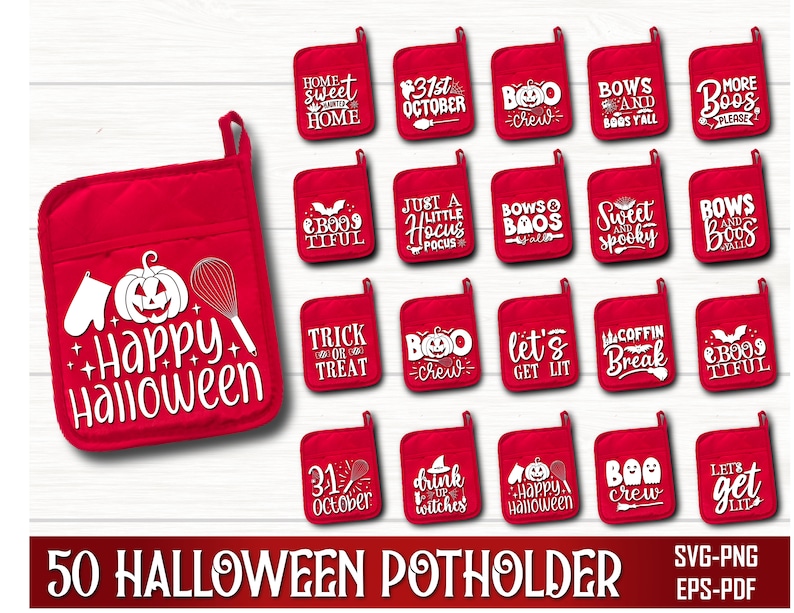 Peut inclure: Ensemble de 50 maniques de cuisine rouges sur le th&egrave;me d'Halloween avec diff&eacute;rents motifs et dictons. Les motifs comprennent des citrouilles, des fant&ocirc;mes, des sorci&egrave;res, des chauves-souris et des cercueils. Les dictons incluent "Joyeux Halloween", "Boo Crew", "Trick or Treat", "Let's Get Lit", "Sweet and Spooky", et "31st October".