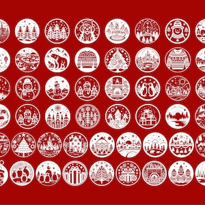 May include: A set of 48 white Christmas-themed icons on a red background. The icons depict various winter scenes, including snowmen, penguins, Christmas trees, and winter landscapes.