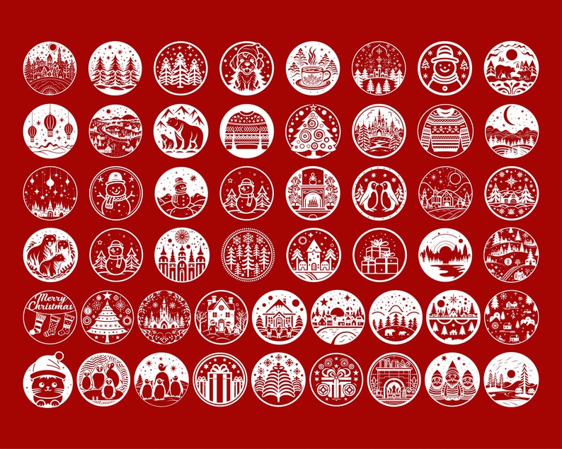 May include: A set of 48 white Christmas-themed icons on a red background. The icons depict various winter scenes, including snowmen, penguins, Christmas trees, and winter landscapes.