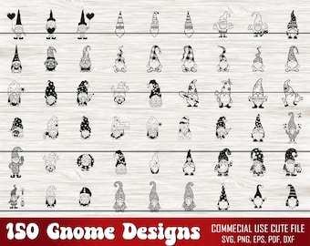 May include: A set of 150 black and white gnome illustrations. The gnomes are in various poses and wearing different hats and accessories. The illustrations are perfect for crafting, scrapbooking, and other creative projects.