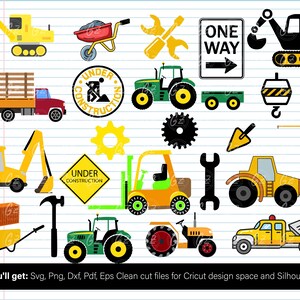 May include: A set of 18 construction vehicle and tool clipart images in a variety of colors, including yellow, black, green, red, and blue. The images include a dump truck, a forklift, a backhoe, a tractor, a wheelbarrow, a wrench, a hammer, a trowel, a gear, a construction sign, and a one-way sign. The images are perfect for use in crafting projects, scrapbooking, or digital design.