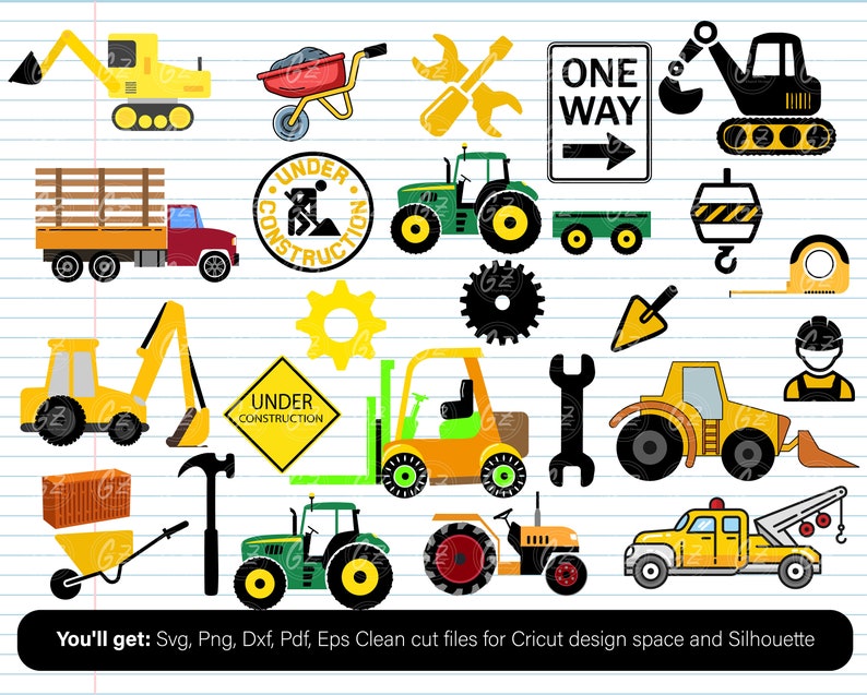 May include: A set of 18 construction vehicle and tool clipart images in a variety of colors, including yellow, black, green, red, and blue. The images include a dump truck, a forklift, a backhoe, a tractor, a wheelbarrow, a wrench, a hammer, a trowel, a gear, a construction sign, and a one-way sign. The images are perfect for use in crafting projects, scrapbooking, or digital design.
