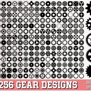 May include: A collection of 256 black gear designs in various styles and sizes. The gears are arranged in a grid pattern, with several larger gears displayed on the right. The image includes the text "256 GEAR DESIGNS" in a bold font.
