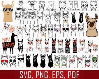 Peut inclure: Une collection de 40 fichiers de découpe SVG de lama. Les lamas sont dans diverses poses, portant des lunettes de soleil, des chapeaux et d'autres accessoires. Certains lamas ont du texte sur eux, comme "Mama Llama" et "No Dram. Llama".