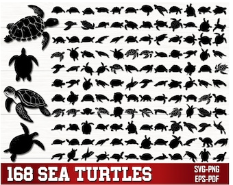 May include: A collection of 168 black silhouette images of sea turtles in various sizes and poses. The images are arranged in rows on a white background. The text "168 SEA TURTLES" is at the bottom of the image. The text "SVG-PNG EPS-PDF" is in the top right corner of the image.