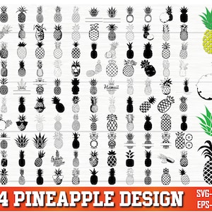 Puede incluir: Una colección de 124 diseños de piña en blanco y negro, que incluyen variaciones de la fruta, las hojas y el texto. Los diseños son perfectos para manualidades, scrapbooking y otros proyectos creativos.  SVG-PNG EPS-PDF