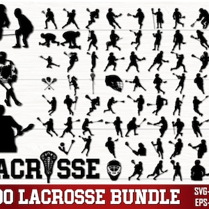 Può includere: Un'illustrazione digitale in bianco e nero di oltre 100 giocatori e attrezzature di lacrosse. Il testo "LACROSSE +100 LACROSSE BUNDLE SVG-PNG EPS-PDF" è in fondo all'immagine.