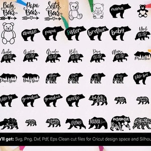 Puede incluir: Una colecci&oacute;n de siluetas de osos negros con texto tem&aacute;tico familiar, incluyendo "Baby Bear", "Papa Bear" y "Sister Bear". La imagen tambi&eacute;n presenta ilustraciones de osos de peluche y el texto "You'll get: Svg, Png, Dxf, Pdf, Eps Clean cut files for Cricut design space and Silhouette."