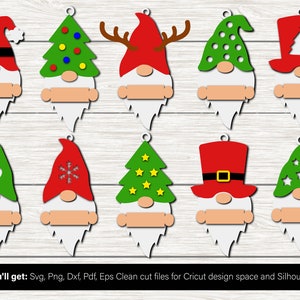 May include: Set of ten Christmas gnome SVG cut files. The gnomes are wearing different hats, including a Santa hat, a green hat with white polka dots, a green hat with a white snowflake, a green hat with a white heart, a green hat with white stars, a red hat with a white Christmas tree, and a red hat with a white snowflake. The gnomes are all holding a blank sign.