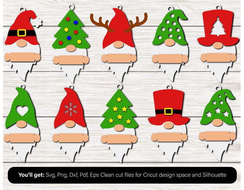 May include: Set of ten Christmas gnome SVG cut files. The gnomes are wearing different hats, including a Santa hat, a green hat with white polka dots, a green hat with a white snowflake, a green hat with a white heart, a green hat with white stars, a red hat with a white Christmas tree, and a red hat with a white snowflake. The gnomes are all holding a blank sign.