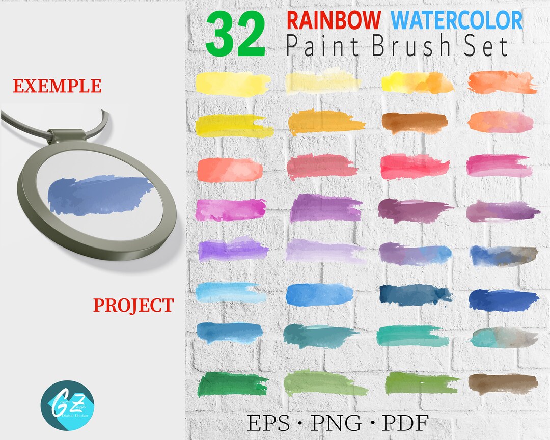32 Rainbow Watercolor Paint Brush Stroke, Colorful Paint Brush Set ...