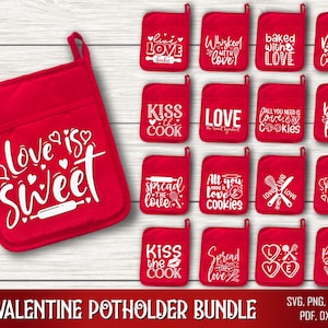 Könnte beinhalten: Ein Set mit 27 Valentinstags-Topflappen mit verschiedenen Designs in Rot und Weiß. Die Designs beinhalten Sätze wie "Liebe ist süß", "Küss den Koch", "Mit Liebe gebacken" und "Alles was du brauchst ist Liebe & Kekse".