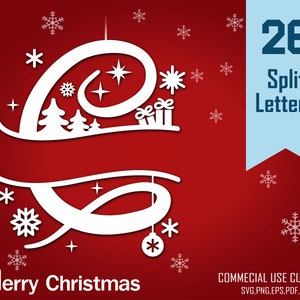 Letras divididas de Navidad svg, alfabeto dividido de Navidad SVG, monograma de Navidad svg, archivos de corte svg de Navidad, 26 capitales de Navidad