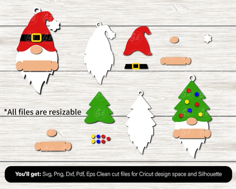 May include: A set of digital cut files for creating Christmas gnome ornaments. The set includes a gnome with a red hat, a white beard, and a green Christmas tree. The files are resizable and can be used with Cricut Design Space and Silhouette.