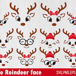 Weihnachten Rentier Gesichter SVG Bundle, Rentier SVG, Mädchen Rentier SVG, Junge Rentier SVG, Weihnachten 2023 SVG, niedliche Rentier Gesicht SVG Cricut