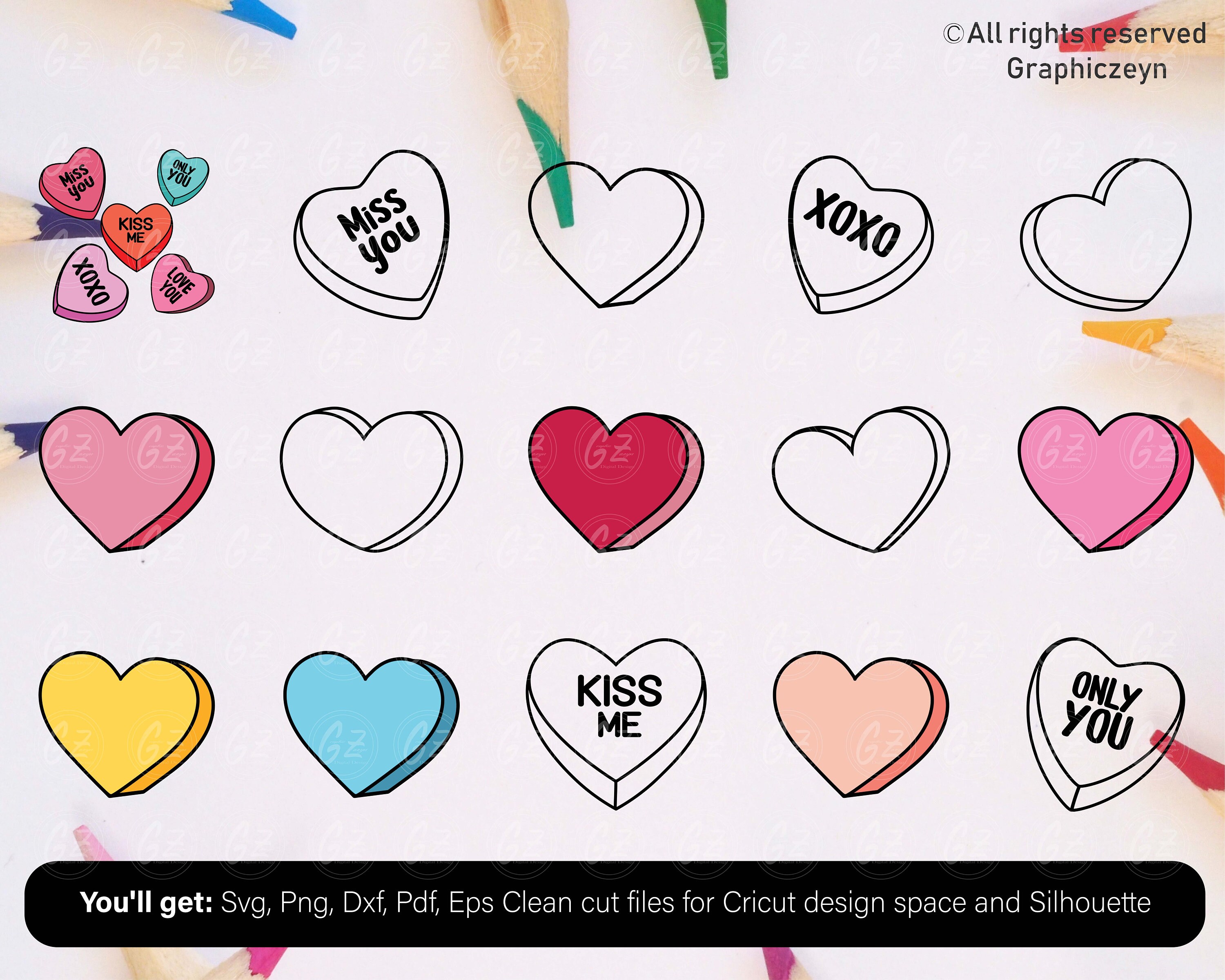 Conversation Hearts SVG PNG BUNDLE, Valentines Day Svg, Candy Hearts ...