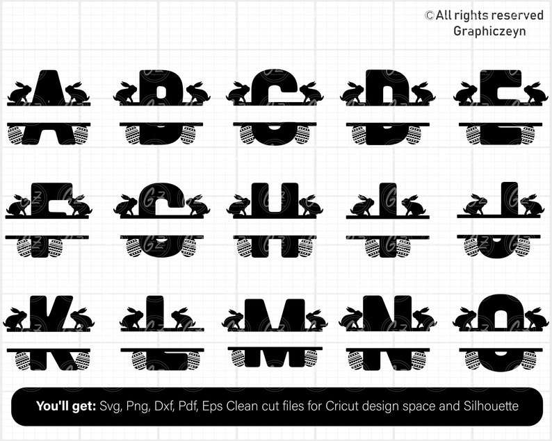 Puede incluir: Un conjunto de 26 letras de monograma divididas en blanco y negro con conejos y huevos de Pascua. Las letras est&aacute;n en may&uacute;sculas y son adecuadas para proyectos de manualidades.