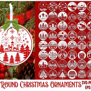 May include: Fifty round Christmas ornaments in white with red designs. The ornaments feature various Christmas themes, including snowflakes, trees, houses, and reindeer. The ornaments are perfect for adding a festive touch to your holiday decor.