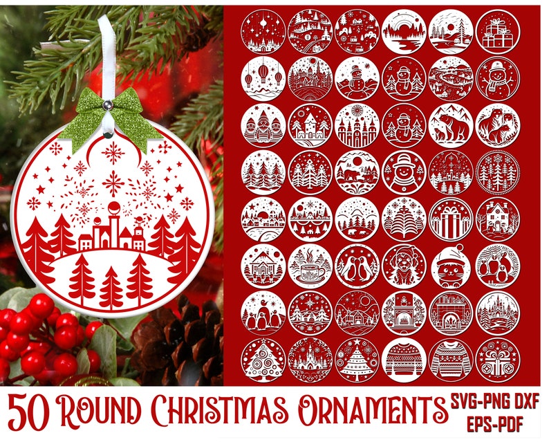 May include: Fifty round Christmas ornaments in white with red designs. The ornaments feature various Christmas themes, including snowflakes, trees, houses, and reindeer. The ornaments are perfect for adding a festive touch to your holiday decor.