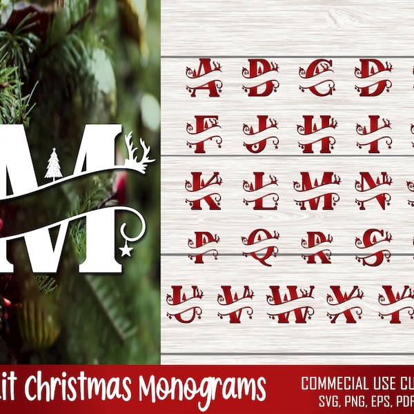 Letras divididas de Navidad svg, alfabeto dividido de Navidad SVG, monograma de Navidad svg, archivos de corte svg de Navidad, 26 capitales de Navidad