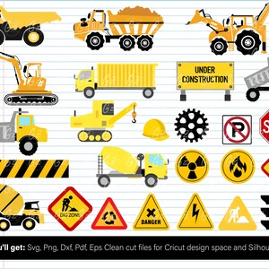 May include: A set of 20 construction themed digital clipart images. The images include a variety of construction vehicles, tools, and signs. The images are in a cartoon style and are perfect for use in craft projects, scrapbooking, and other creative endeavors.