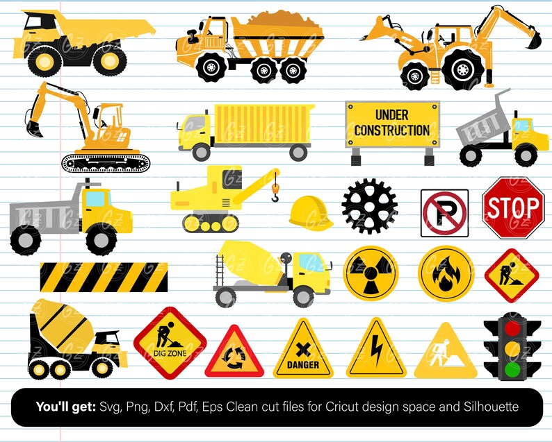May include: A set of 20 construction themed digital clipart images. The images include a variety of construction vehicles, tools, and signs. The images are in a cartoon style and are perfect for use in craft projects, scrapbooking, and other creative endeavors.