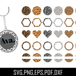 May include: A set of 25 digital cut files featuring various animal print designs, including zebra, leopard, giraffe, and cheetah. The designs are in the shape of circles, hexagons, hearts, and frames. The text "Ava." is displayed on a round keychain with a leopard print design. The files are available in SVG, PNG, EPS, PDF, and DXF formats.