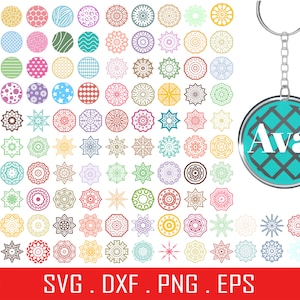 May include: A set of 100 colorful mandala designs in SVG, DXF, PNG, and EPS formats. The designs are perfect for crafting, scrapbooking, and other creative projects. The image also shows a keychain with a turquoise background and the name "Ava" in white text.