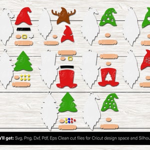 May include: A set of 10 digital cut files for creating gnome ornaments. The files include various gnome designs with different hats, beards, and accessories. The designs are perfect for crafting Christmas decorations.