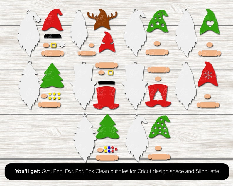 May include: A set of 10 digital cut files for creating gnome ornaments. The files include various gnome designs with different hats, beards, and accessories. The designs are perfect for crafting Christmas decorations.