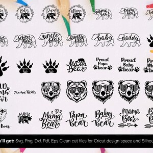 Puede incluir: Una colecci&oacute;n de dise&ntilde;os en blanco y negro con tem&aacute;tica de osos, que incluyen textos como "Mama Bear", "Papa Bear" y "Baby Bear". Los dise&ntilde;os son adecuados para proyectos de Cricut y Silhouette. La imagen tambi&eacute;n incluye huellas de patas de oso y caras de oso.