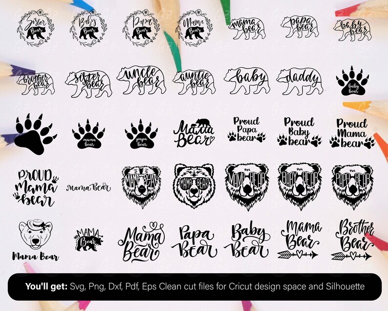 Puede incluir: Una colecci&oacute;n de dise&ntilde;os en blanco y negro con tem&aacute;tica de osos, que incluyen textos como "Mama Bear", "Papa Bear" y "Baby Bear". Los dise&ntilde;os son adecuados para proyectos de Cricut y Silhouette. La imagen tambi&eacute;n incluye huellas de patas de oso y caras de oso.