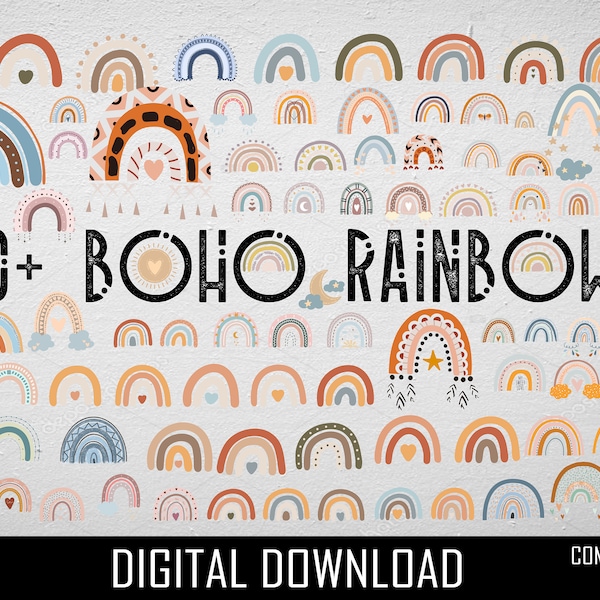 Boho Rainbow Svg, Boho Rainbow Svg Bundle, Rainbow Svg, Pastel Rainbow Clipart, Hand Drawn Rainbow Svg, Rainbow Clipart, Rainbow Silhouette