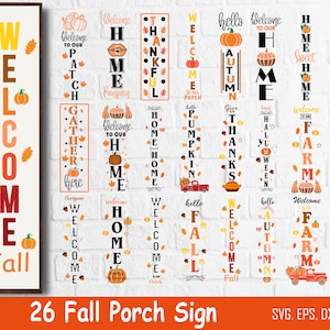 Puede incluir: Una colección de 26 letreros de porche de otoño con varios diseños. Los letreros presentan palabras y frases con temas de otoño como "Bienvenido", "Hogar" y "Otoño", junto con calabazas y hojas. Los letreros son en formato vertical.