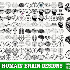 May include: A collection of 108 black and white human brain designs in various styles, including side views, top views, and detailed internal structures. The designs are perfect for use in crafts, scrapbooking, or digital projects.