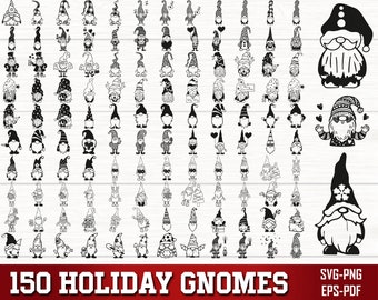 May include: A set of 150 black and white holiday gnome illustrations. The gnomes are in various poses and wearing different hats and accessories. The gnomes are all in a simple, cartoon style. The text "150 HOLIDAY GNOMES" is at the bottom of the image. The text "SVG-PNG EPS-PDF" is at the bottom right of the image.