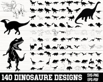 May include: A collection of 140 black and white dinosaur silhouette designs. The designs include a variety of dinosaurs, including a triceratops, stegosaurus, brachiosaurus, and tyrannosaurus rex. The designs are perfect for use in crafts, scrapbooking, and other creative projects. SVG-PNG EPS-PDF