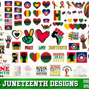 May include: A collection of 64 digital designs celebrating Juneteenth, a holiday commemorating the emancipation of enslaved African Americans. The designs feature various graphics, including flags, hearts, fists, and text, in red, black, green, and yellow colors.