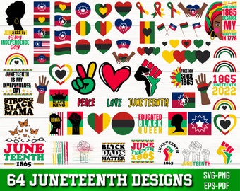 May include: A collection of 64 digital designs celebrating Juneteenth, a holiday commemorating the emancipation of enslaved African Americans. The designs feature various graphics, including flags, hearts, fists, and text, in red, black, green, and yellow colors.
