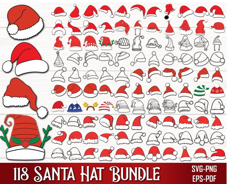 May include: A set of 118 Santa hat illustrations in red and white. The hats are in various styles, including traditional, modern, and whimsical. The illustrations are perfect for crafting, scrapbooking, and other creative projects.  SVG-PNG EPS-PDF