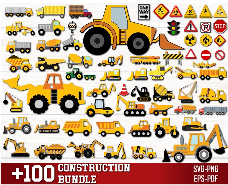 May include: A set of over 100 construction vehicle and road sign SVG, PNG, EPS, and PDF digital clip art files. The clip art features yellow construction vehicles, such as bulldozers, excavators, dump trucks, and cement mixers, as well as road signs, such as stop signs, one-way signs, and danger signs.