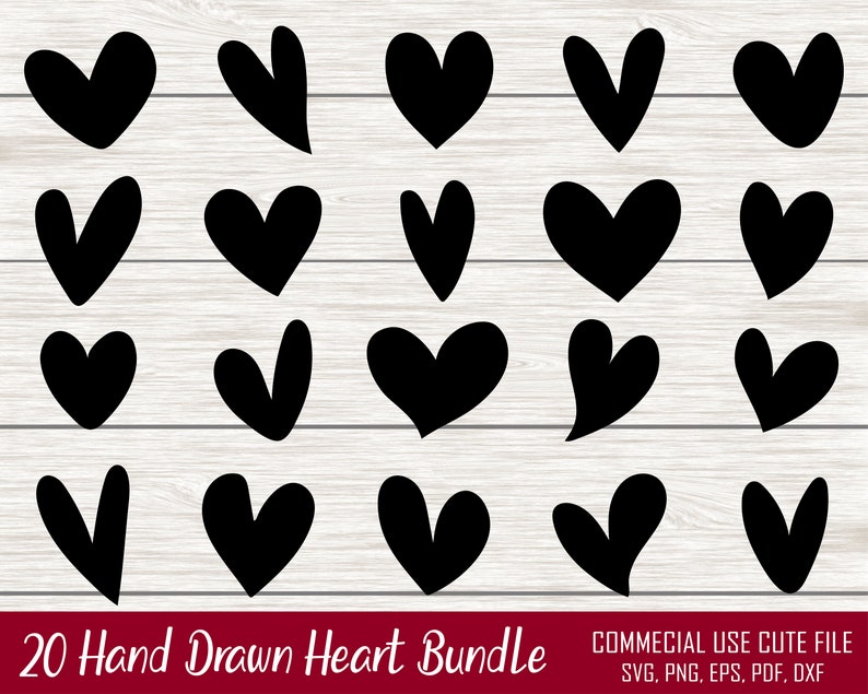 Puede incluir: Un conjunto de 20 formas de coraz&oacute;n dibujadas a mano en negro, perfectas para proyectos de manualidades y dise&ntilde;o. Los corazones son de varios estilos, incluyendo cl&aacute;sico, redondeado y caprichoso.