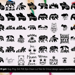 Puede incluir: Una colecci&oacute;n de dise&ntilde;os de osos negros, incluyendo siluetas de osos con textos como "Mama Bear", "Papa Bear" y "Baby Bear". Adecuado para proyectos de Cricut y Silhouette.